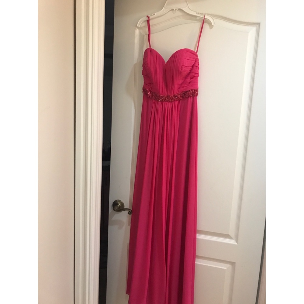 Bright pink strapless floor length dress